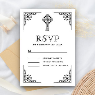 Cartão RSVP Cruz Celta Preto e Branco Casamento