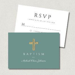 Cartão RSVP Cruz de Madeira Religiosa Verde Batismo Menino