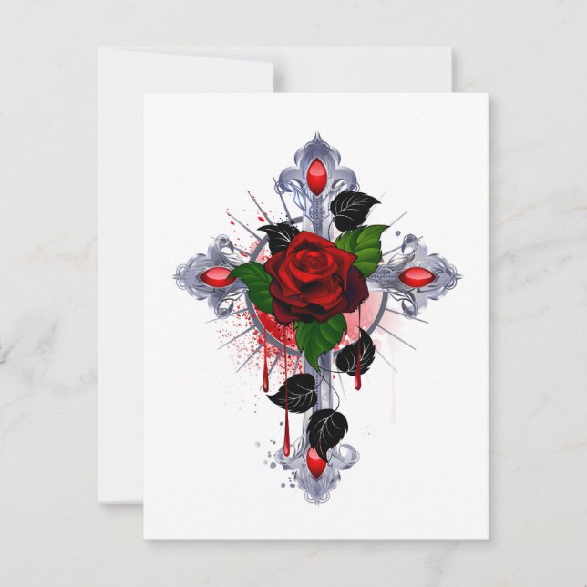 Cartão RSVP Cruz de Prata com Rosa vermelha (Frente)