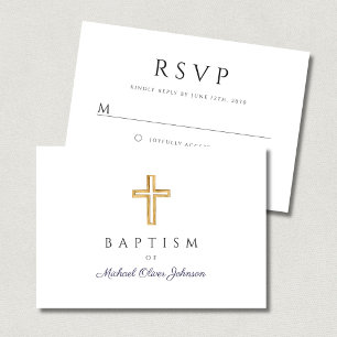 Cartão RSVP Cruz Religiosa Azul Marinho Elegante Batismo Menin