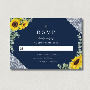Cartão RSVP Cruz Religiosa Azul Marinho Girassol Casamento 