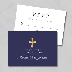 Cartão RSVP Cruz Religiosa Azul Marinho Menino Primeira Comunh