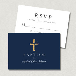 Cartão RSVP Cruz Religiosa Azul Marinho Moderna Batismo Menino