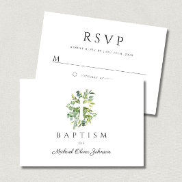 Cartão RSVP Cruz Religiosa Botânica Elegante Batismo