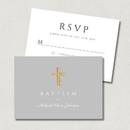 Cartão RSVP Cruz Religiosa de Batismo em Letra Elegante