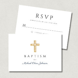 Cartão RSVP Cruz Religiosa de Batismo Menino Azul Marinho Scri