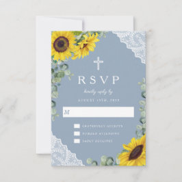 Cartão RSVP Cruz Religiosa Poalha Azul Girassol Renda Casament