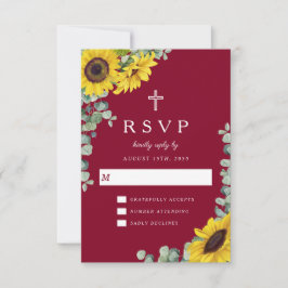 Cartão RSVP Cruz Religioso Casamento Floral Girassol Borgonha