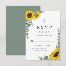 Cartão RSVP Cruz Religioso Casamento Girassol Verde Salvia 