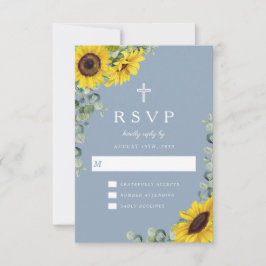 Cartão RSVP Cruz Religioso Po dusty Blue Sunflower Casamento