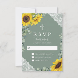 Cartão RSVP Cruz Religioso Verde Salvia Girassol Renda Casamen