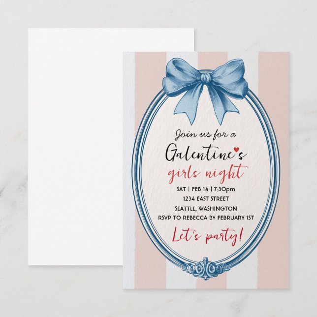 Cartão RSVP Custom Blue Bow Galentines Party Invitation (Frente/Verso)