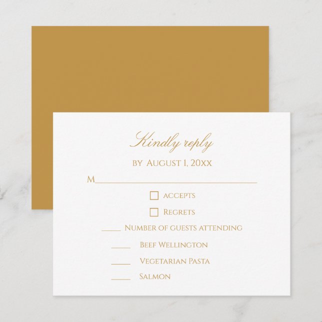 Cartão RSVP Custom Modern Elegant Script Gold & White Wedding (Frente/Verso)
