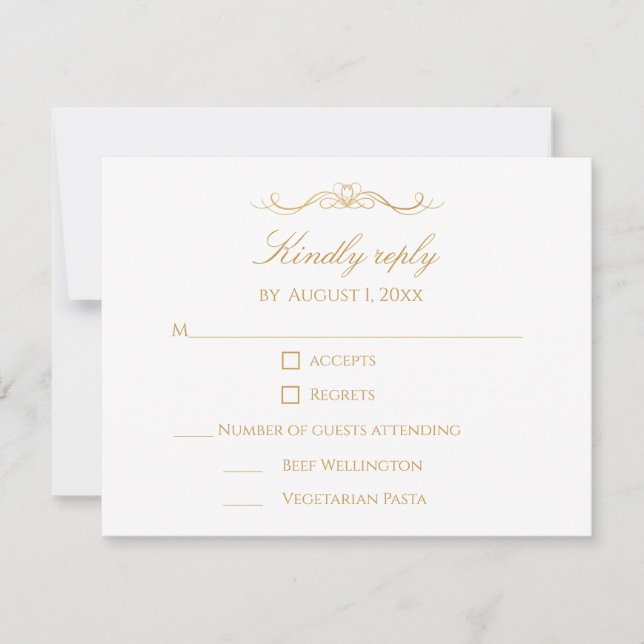 Cartão RSVP Custom Modern Elegant Script Gold & White Wedding (Frente)