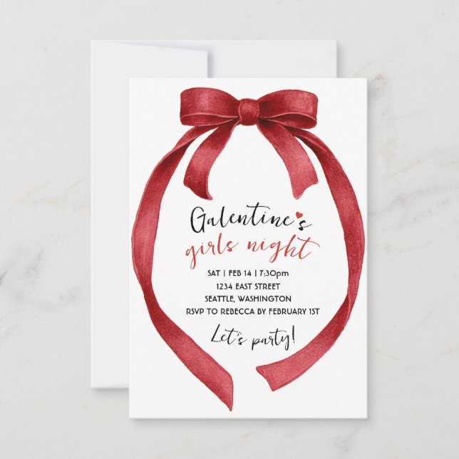 Cartão RSVP Custom Red Ribbon Bow Galentines Party Invitation (Frente)