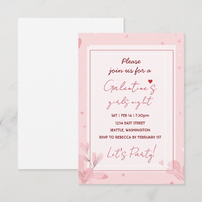 Cartão RSVP Cute Girls Night Galentine Pink Party Invitation (Frente/Verso)