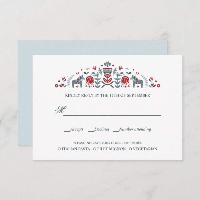 Cartão RSVP Dala Horse Escandinávia - ESCOLHA DE REFEIÇÕES RSV (Frente/Verso)