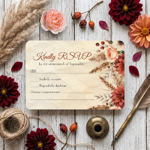 Cartão RSVP Dália de Outono Burgundy Grama de Pampas Casamento