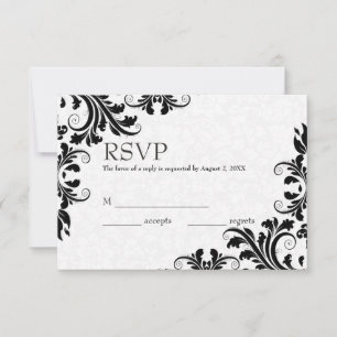 Cartão RSVP Damasco Branco e Lace Preto