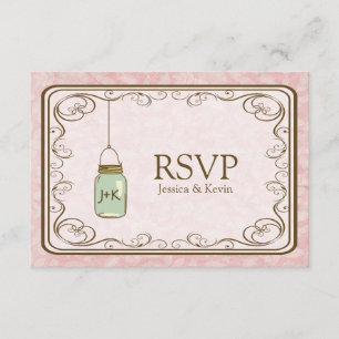 Cartão RSVP Damasco cor-de-rosa rústico com frasco de pedreiro