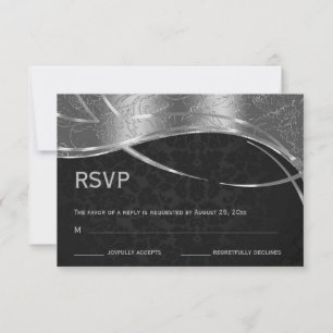 Cartão RSVP Damasco De Prata E Preto Elegante