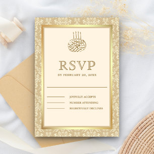 Cartão RSVP Damasco Islâmico Muçulmano Creme e Dourado