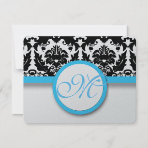 Cartão RSVP Damasco Negro Com Casamento Azul De Azul-Aqua Bril