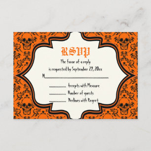 Cartão RSVP Damasco o Dia das Bruxas dos crânios que wedding