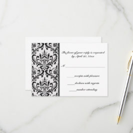 Cartão RSVP Damasco preto e branco moderno | Casamento