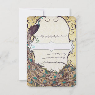 Cartão RSVP Damask Peacock Elegance EggPlant Dourado e Aqua
