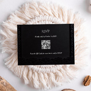 Cartão RSVP Dark Academia Gótico Preto Renda Elegante Casament