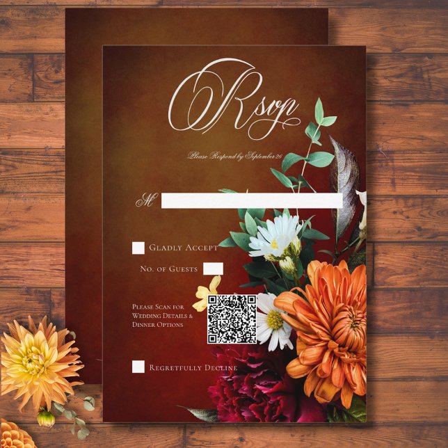Cartão RSVP Dark Elegant Summer Sunset Floral Wedding Código Q (Dark Elegant Summer Sunset Floral Wedding QR Code RSVP Card)