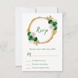Cartão RSVP Dark Green and Gold Elegant Flowers Sweet Sixteen