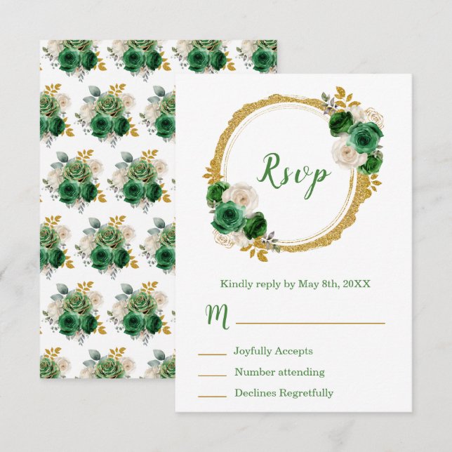 Cartão RSVP Dark Green and Gold Elegant Flowers Sweet Sixteen (Frente/Verso)