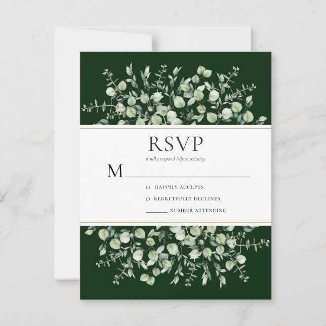 Cartão RSVP Dark Green Eucalyptus Wedding (Frente)