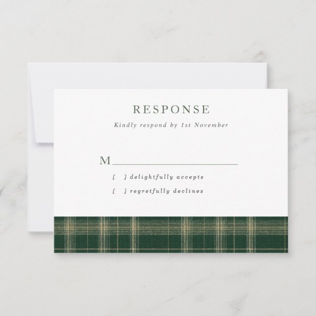 Cartão RSVP Dark Green Scottish Tartan Wedding (Frente)