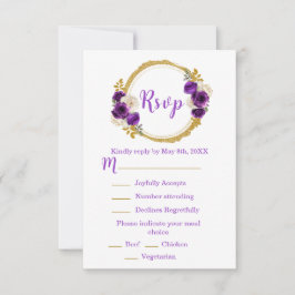 Cartão RSVP Dark Purple and Gold Elegant Flower Sweet Sixteen