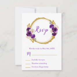 Cartão RSVP Dark Purple and Gold Elegant Flower Sweet Sixteen