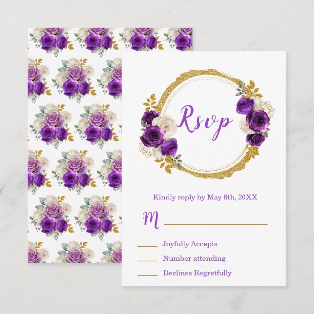 Cartão RSVP Dark Purple and Gold Elegant Flower Sweet Sixteen (Frente/Verso)