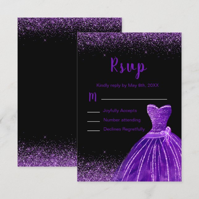 Cartão RSVP Dark Purple Dress Faux Glitter Sweet 16 Birthday (Frente/Verso)