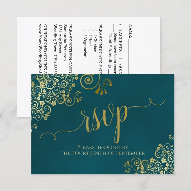 Cartão RSVP Dark Teal & Gold Elegant Lacy Calligraphy Wedding (Frente/Verso)