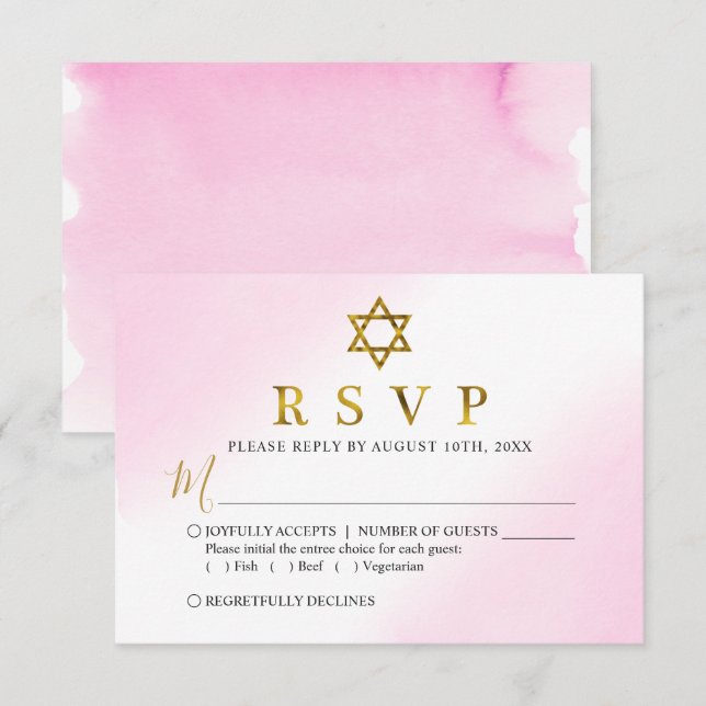 Cartão RSVP de Bat Mitzvah Dourado Pink Pastel Wat (Frente/Verso)