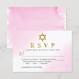 Cartão RSVP de Bat Mitzvah Dourado Pink Pastel Wat