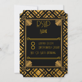 Cartão RSVP de Bilhete de Casamento Preto e Dourad