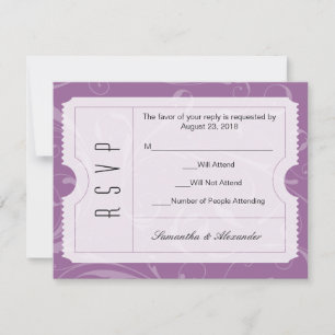 Cartão RSVP de Bilhete de Casamento Roxo
