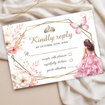 Cartão Rsvp De Borboleta Floral Rosa Quinceañera B