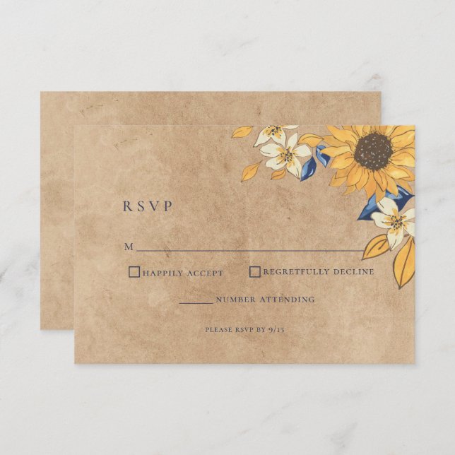 Cartão RSVP de Casamento Amarelo Russo de Girassol (Frente/Verso)