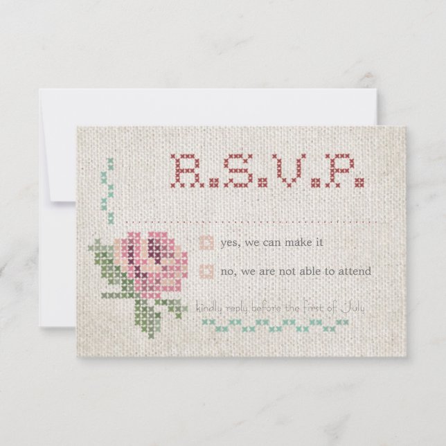 Cartão RSVP de Casamento Antiguo Cross-Stitch (Frente)