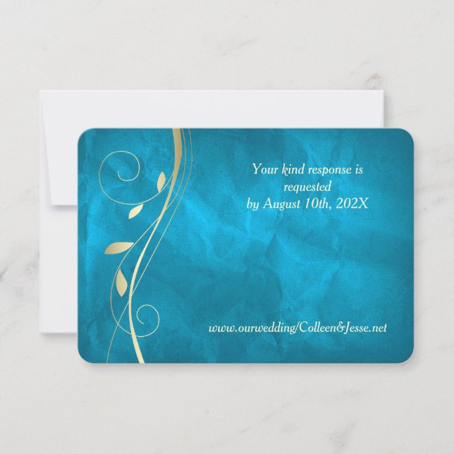 Cartão RSVP de Casamento Azul de Teal Azul Dourado (Frente)
