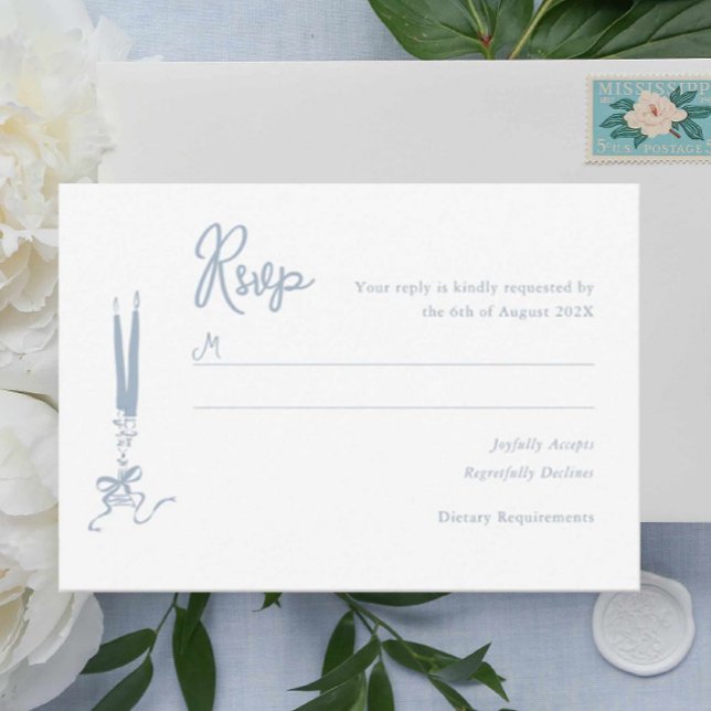 Cartão RSVP de Casamento Azul Dusty Whimsical (dusty blue hand drawn rsvp card, modern vintage inspired illustrated blue response card, )